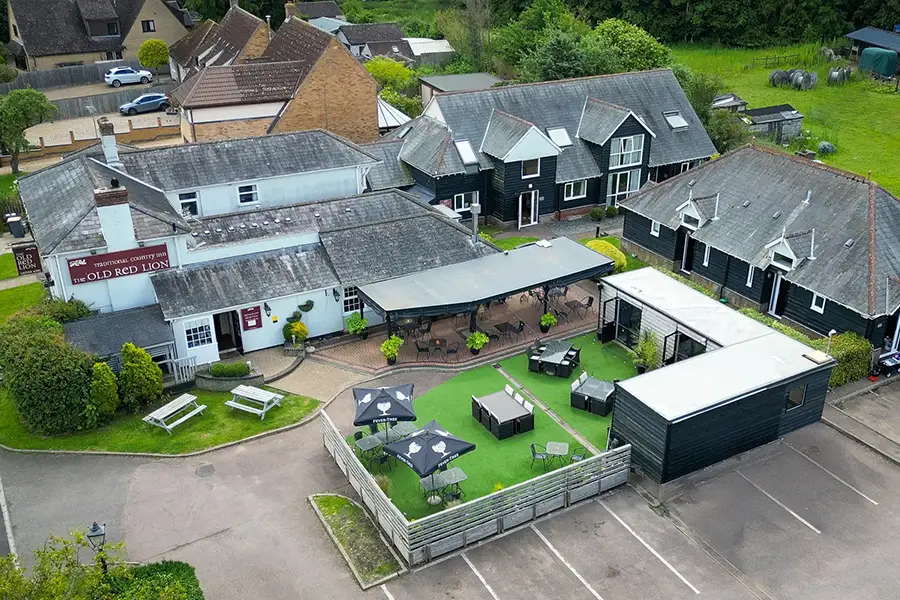 Aerial view of the pub garden and lawn at The Old Red Lion