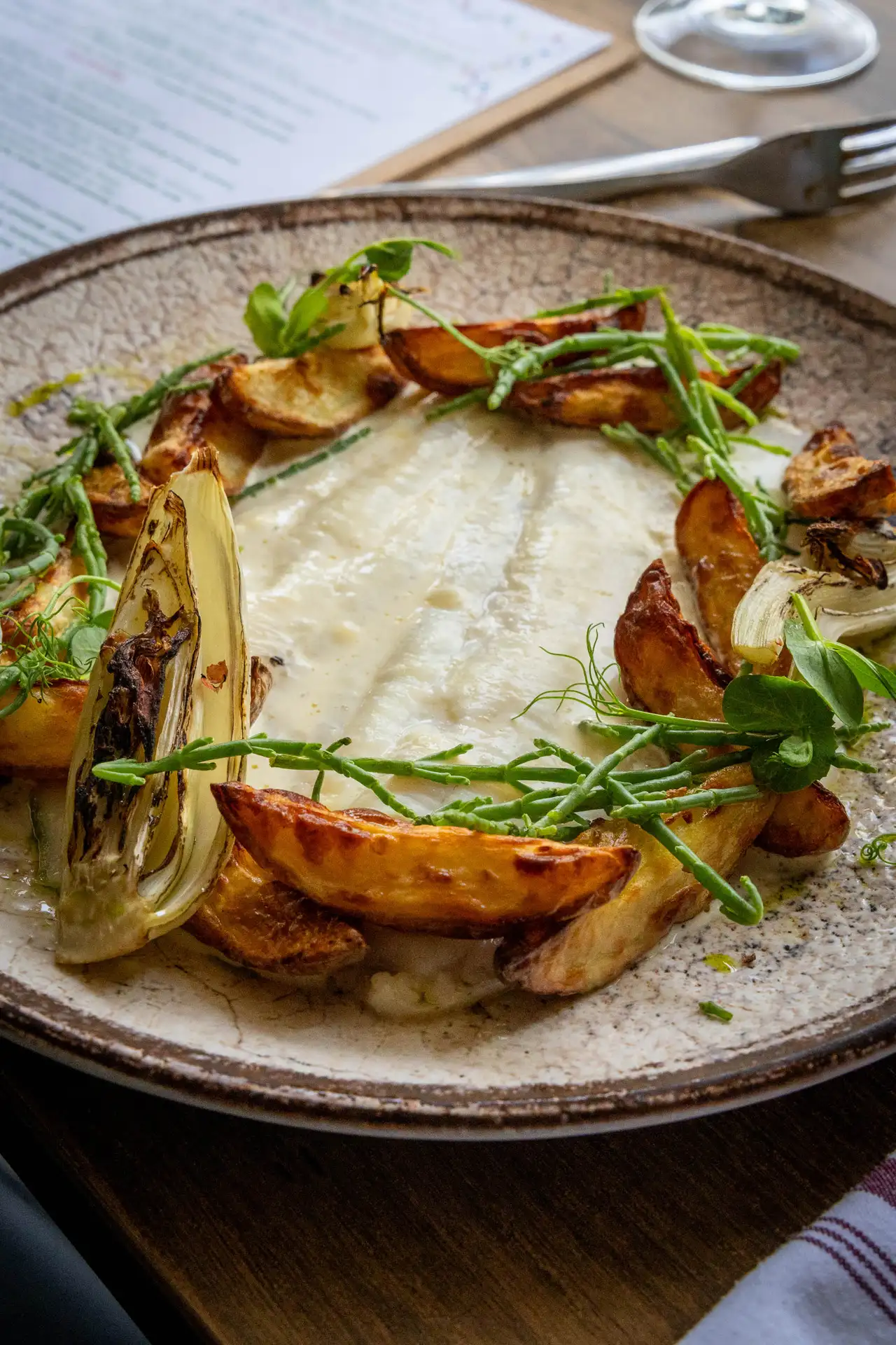 Roasted Lemon Sole with Sautéed New Potatoes, Samphire and Braised Baby Fennel in a White Wine Sauce, at The Old Red Lion, Horseheath